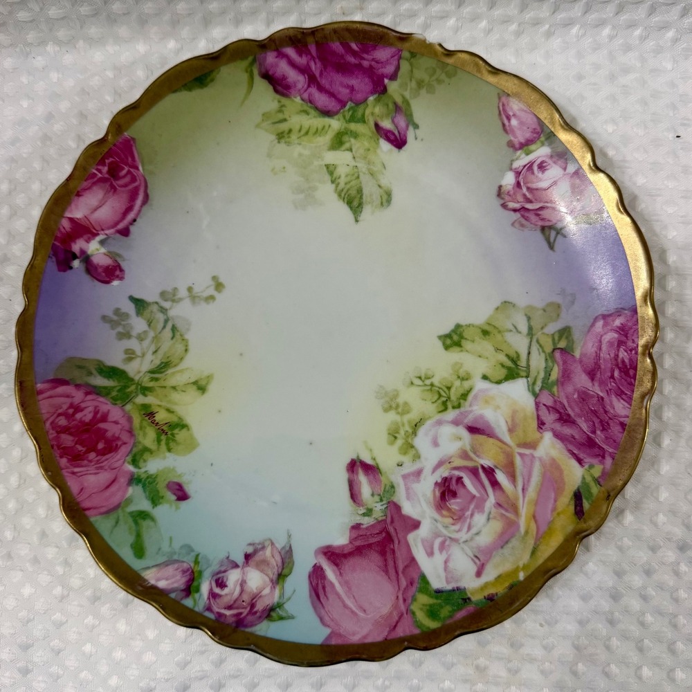 Antique‎ O&EG Royal Austria Hand Painted Rose Plate Scalloped Gold Rim READ
